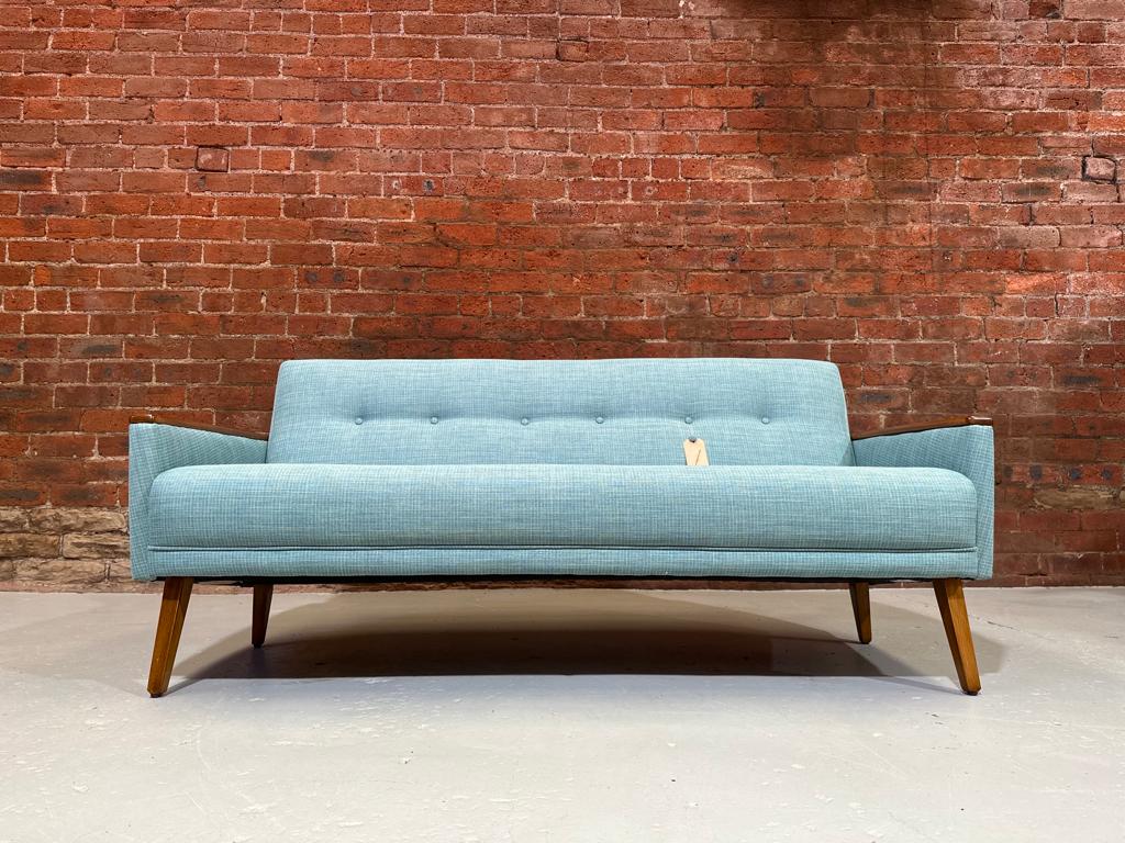 vintage danish teak inspired mid century 50s 60s 3 seater cocktail sofa settee in jade faux linen