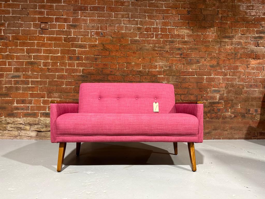 vintage inspired danish mid century 50s 60s 2 seat cocktail sofa settee in raspberry rewind interiors